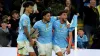 Matheus Nunes, right, celebrates after scoring Manchester City’s late winner (Martin Rickett/PA)