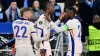 Chelsea’s Nicolas Jackson, centre, is congratulated by Kiernan Dewsbury-Hall, left, and Moises Caicedo, right (Jonas Ekstrom